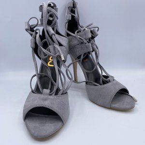 FSJ Grey Peep Toe Lace Up Hollow Out Stilettos